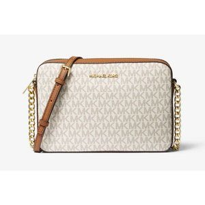 New Michael Kors Jet Set Large Printed Logo Crossbody Bag Vanilla